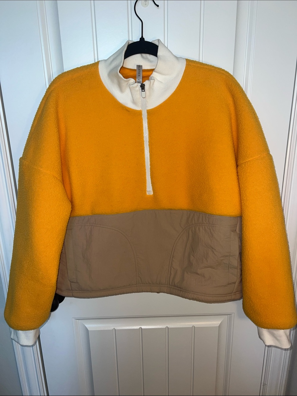 Fabletics Mallorie Yellow and Tan Half-Zip Fleece Pullover with Pockets -Size XL